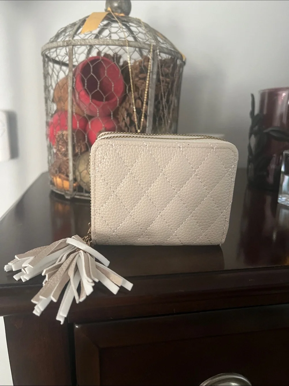 Quilted Tassel Zip Wallet - Cream